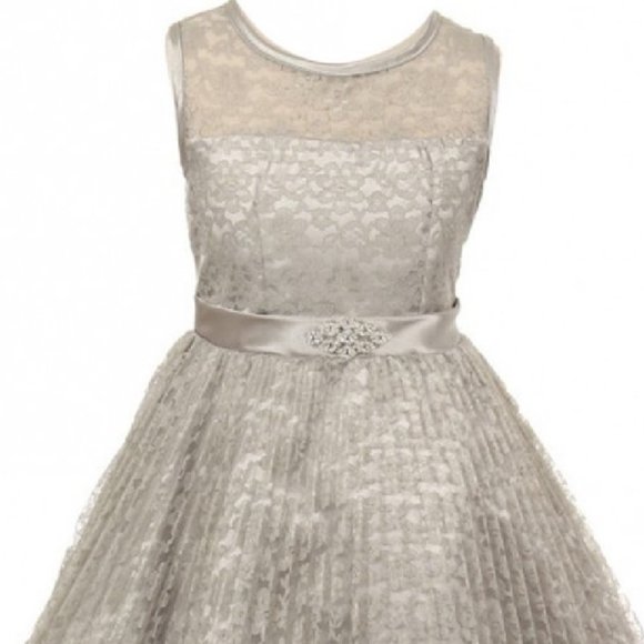 Big Girls Lace Overlaid Rhinestones Junior Bridesmaid Flower Girl Dress  Silver - Picture 3 of 6